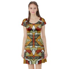 Multicolored Abstract Tribal Print Short Sleeved Skater Dress