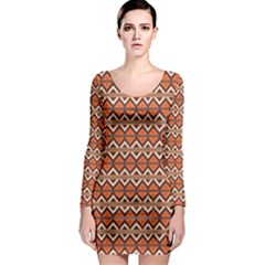 Brown Orange Rhombus Pattern Long Sleeve Bodycon Dress