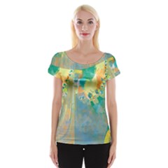 Abstract Flower Design In Turquoise And Yellows Women s Cap Sleeve Top by digitaldivadesigns