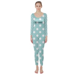 Blue And White Polka Dots Long Sleeve Catsuit