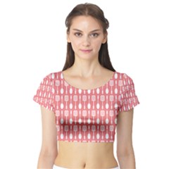 Coral And White Kitchen Utensils Pattern Short Sleeve Crop Top by GardenOfOphir