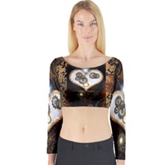 Steampunk, Awesome Heart With Clocks And Gears Long Sleeve Crop Top