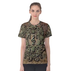 Elegant Clef With Floral Elements On A Background With Damasks Women s Cotton Tees