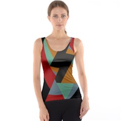 Fractal Design In Red, Soft-turquoise, Camel On Black Tank Tops