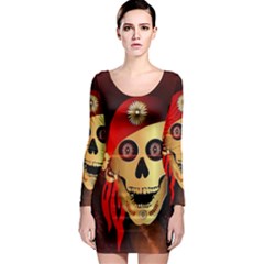 Funny, Happy Skull Long Sleeve Bodycon Dresses by FantasyWorld7