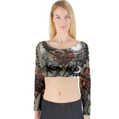 Steampunk With Clocks And Gears And Heart Long Sleeve Crop Top