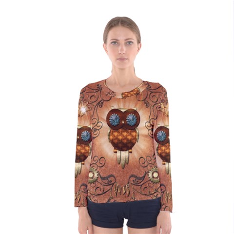 Steampunk, Funny Owl With Clicks And Gears Women s Long Sleeve T-shirts by FantasyWorld7