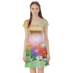 Wonderful Colorful Flowers With Dragonflies Short Sleeve Skater Dresses by FantasyWorld7