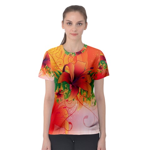 Awesome Red Flowers With Leaves Women s Sport Mesh Tees by FantasyWorld7