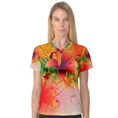 Awesome Red Flowers With Leaves Women s V-neck Sport Mesh Tee