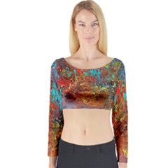 Abstract In Red, Turquoise, And Yellow Long Sleeve Crop Top