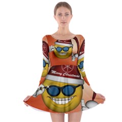 Funny Christmas Smiley With Sunglasses Long Sleeve Skater Dress by FantasyWorld7