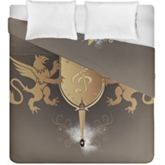 Music, Clef On A Shield With Liions And Water Splash Duvet Cover (king Size)