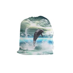 Funny Dolphin Jumping By A Heart Made Of Water Drawstring Pouches (medium) 