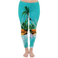 Surfboard With Palm And Flowers Winter Leggings by FantasyWorld7