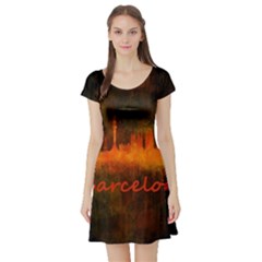 Barcelona City Dark Watercolor Skyline Short Sleeve Skater Dresses by hqphoto