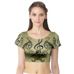 Decorative Clef With Damask In Soft Green Short Sleeve Crop Top by FantasyWorld7