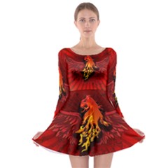 Lion With Flame And Wings In Yellow And Red Long Sleeve Skater Dress by FantasyWorld7