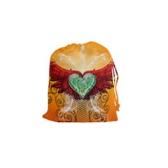 Beautiful Heart Made Of Diamond With Wings And Floral Elements Drawstring Pouches (small) 