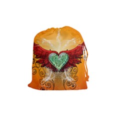 Beautiful Heart Made Of Diamond With Wings And Floral Elements Drawstring Pouches (medium)  by FantasyWorld7