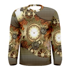 Steampunk, Wonderful Steampunk Design With Clocks And Gears In Golden Desing Men s Long Sleeve T-shirts by FantasyWorld7