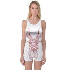 Modern Red Geometric Christmas Deer Illustration Women s Boyleg One Piece Swimsuits by Dushan