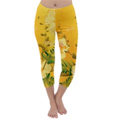 Wonderful Soft Yellow Flowers With Dragonflies Capri Winter Leggings 