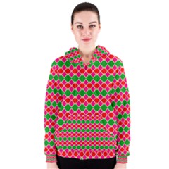 Red Pink Green Rhombus Pattern Women s Zipper Hoodie by LalyLauraFLM