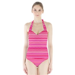 Valentine Pink And Red Wavy Chevron Zigzag Pattern Women s Halter One Piece Swimsuit by PaperandFrill