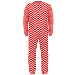 Red And White Chevron Wavy Zigzag Stripes Onepiece Jumpsuit (men)  by PaperandFrill