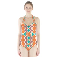 Rhombus Triangles And Other Shapes Women s Halter One Piece Swimsuit