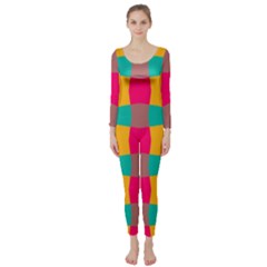 Distorted Shapes In Retro Colors Pattern  Long Sleeve Catsuit