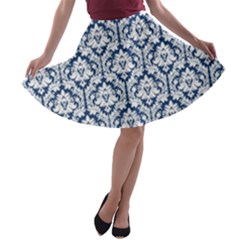 Navy Blue Damask Pattern A-line Skater Skirt by Zandiepants