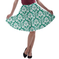 Emerald Green Damask Pattern A-line Skater Skirt by Zandiepants