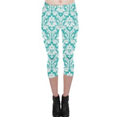 Turquoise Damask Pattern Capri Leggings  by Zandiepants