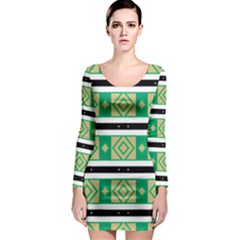 Green Rhombus And Stripes           Long Sleeve Bodycon Dress by LalyLauraFLM