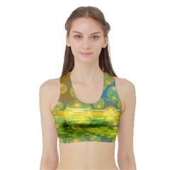 Golden Days, Abstract Yellow Azure Tranquility Women s Sports Bra With Border by DianeClancy