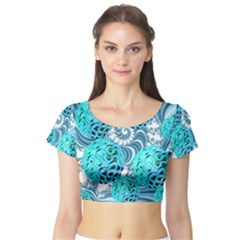 Teal Sea Forest, Abstract Underwater Ocean Short Sleeve Crop Top (tight Fit)