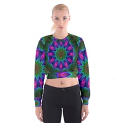 Star Of Leaves, Abstract Magenta Green Forest Women s Cropped Sweatshirt by DianeClancy