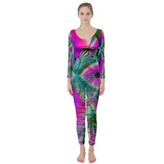 Crystal Flower Garden, Abstract Teal Violet Long Sleeve Catsuit