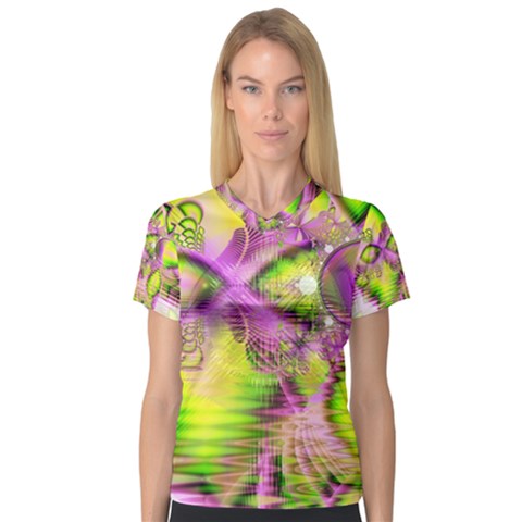 Raspberry Lime Mystical Magical Lake, Abstract  Women s V-neck Sport Mesh Tee by DianeClancy