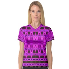 Bright Pink Black Geometric Pattern Women s V-neck Sport Mesh Tee