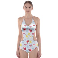 Seamless Colorful Flowers Pattern Cut-out One Piece Swimsuit