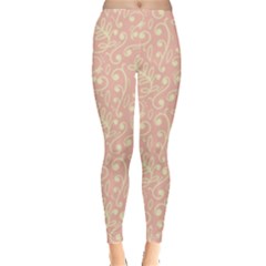 Girly Pink Leaves And Swirls Ornamental Background Leggings  by TastefulDesigns