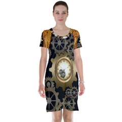 Steampunk Golden Design With Clocks And Gears Short Sleeve Nightdress by FantasyWorld7