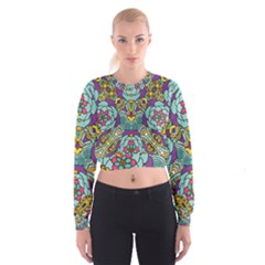 Mariager   Bold Blue,purple And Yellow Flower Design   Women s Cropped Sweatshirt by Zandiepants