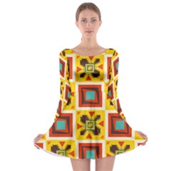 Retro Colors Squares Pattern                            Long Sleeve Skater Dress by LalyLauraFLM