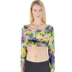 Tropical Flowers And Leaves Background Long Sleeve Crop Top