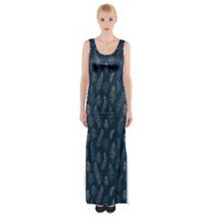 Whimsical Feather Pattern, Midnight Blue, Maxi Thigh Split Dress