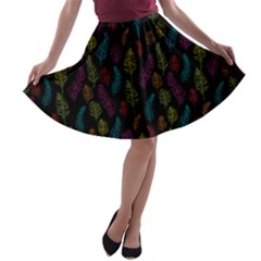 Whimsical Feather Pattern, Bright Pink Red Blue Green Yellow, A-line Skater Skirt